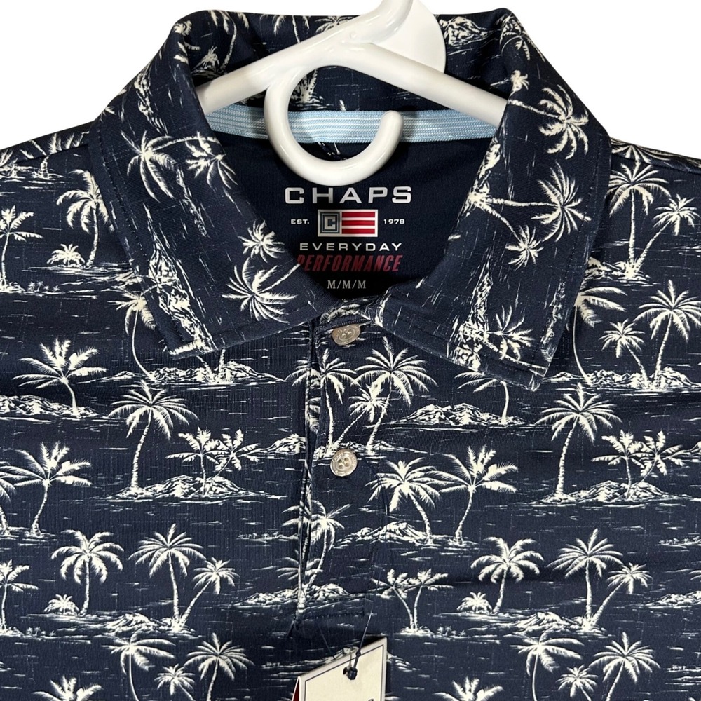 Chaps Mens Performance Polo Shirt Medium Navy Blue Palm Tree Tropical New